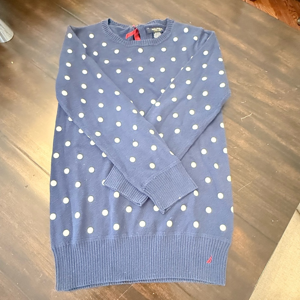 Girls Náutica Sweater Navy Blue White Polka Dot Red Accents
